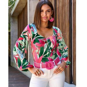 Boston Proper Retro mod abstract style blouse top size XS stretchy knit LS